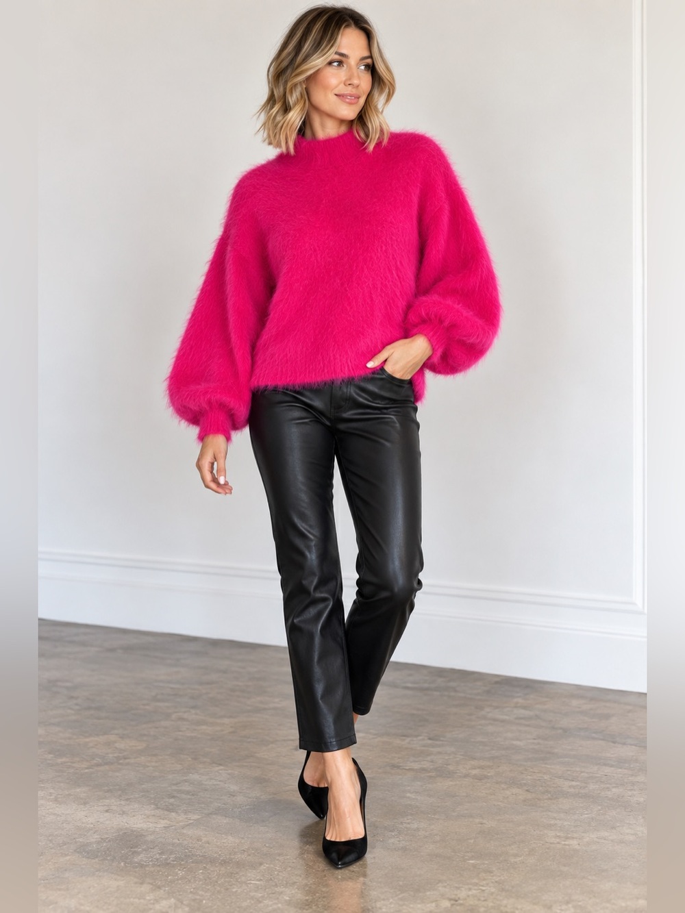 Line + Dot Alder Fuzzy Sweater Hot Pink Balloon Sleeve Size L